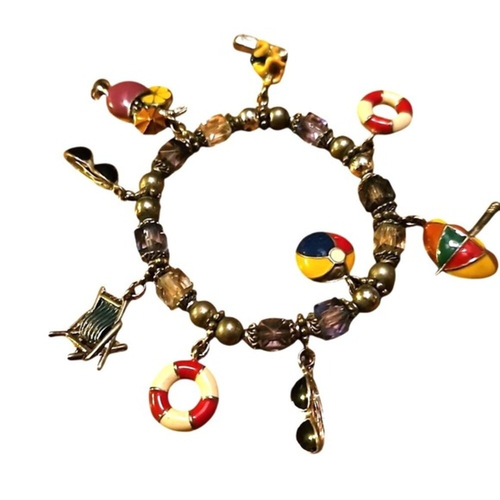 Summer Vacation Travel Charm Bracelet Gold Tone Beach Plane Drink Sandals Cute